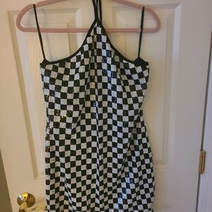 SHEIN Black and White Checkered Strapless Dress